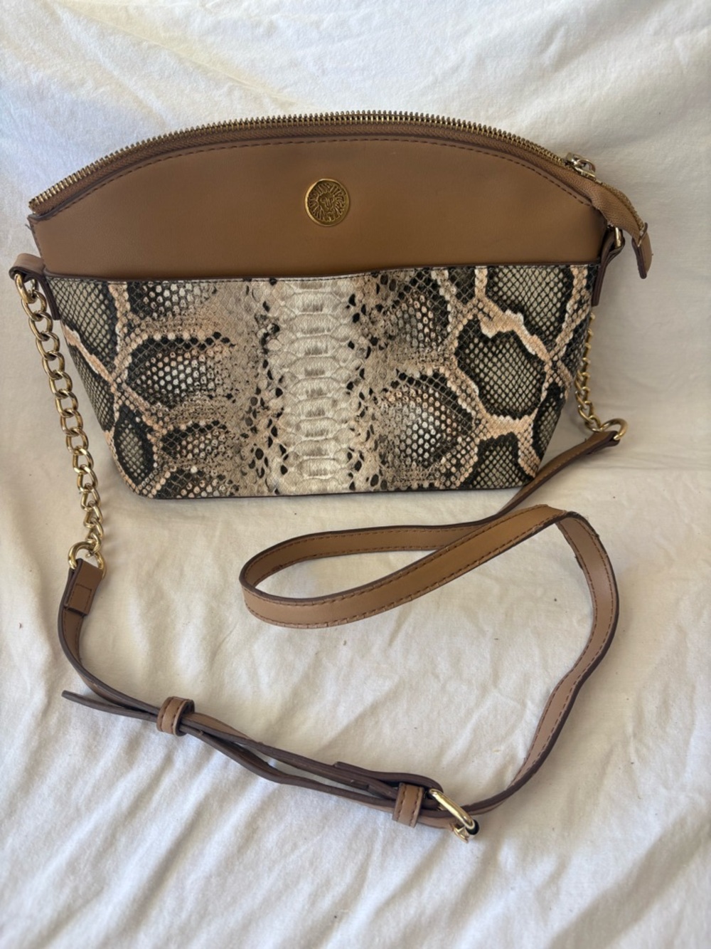 Anne Klein Python-Texture Crossbody Bag in Tan with Gold Hardware